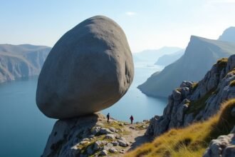 Kjeragbolten, a hatalmas szikla a Lysefjord felett Norvégiában.