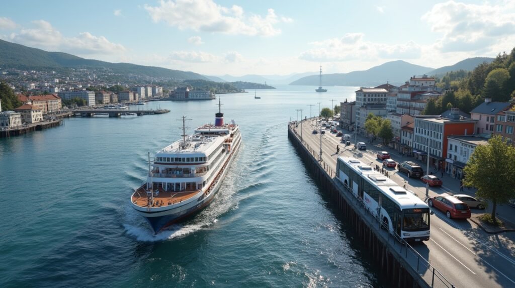 Stavanger közlekedési táj, komp és busz a fjord szélén