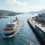 Stavanger közlekedési táj, komp és busz a fjord szélén