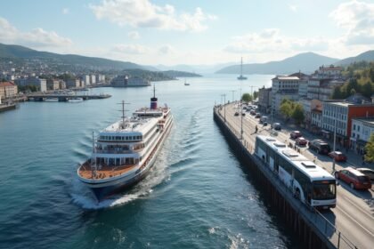 Stavanger közlekedési táj, komp és busz a fjord szélén