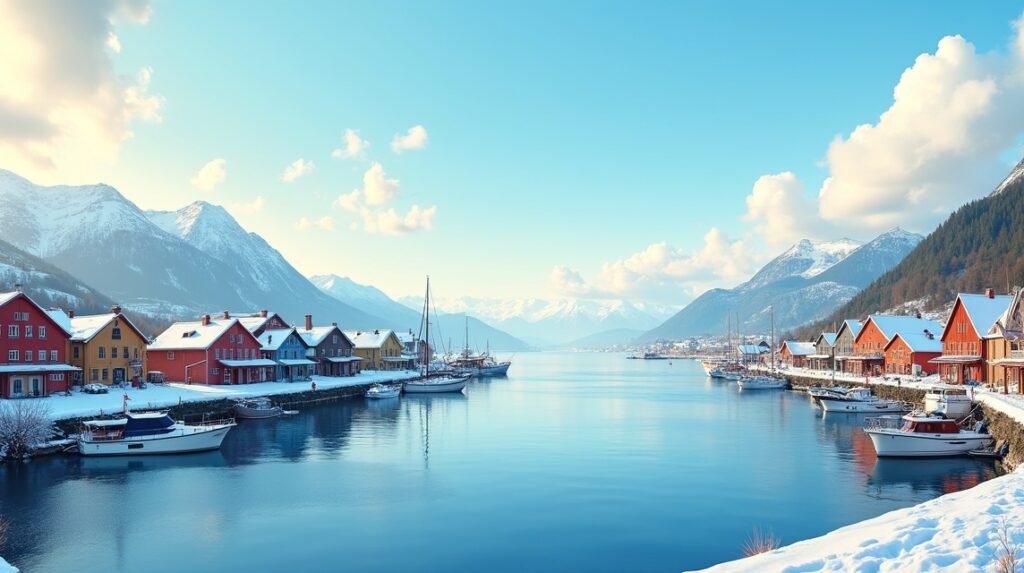 Stavanger téli tája, havas hegyek és vízparti színes házak