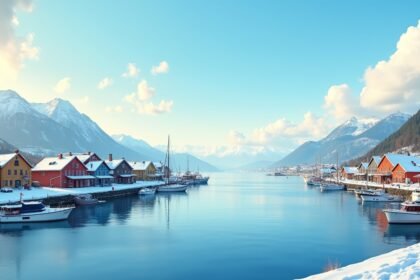 Stavanger téli tája, havas hegyek és vízparti színes házak