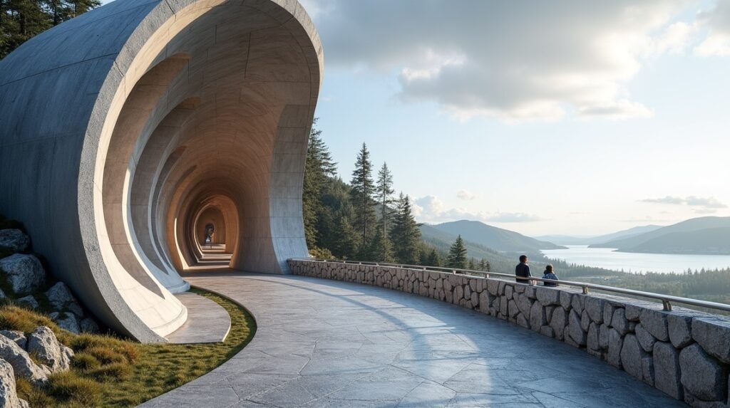 Spiralen alagút és kilátó Drammenben, Norvégiában, a hegyek között.