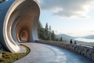 Spiralen alagút és kilátó Drammenben, Norvégiában, a hegyek között.