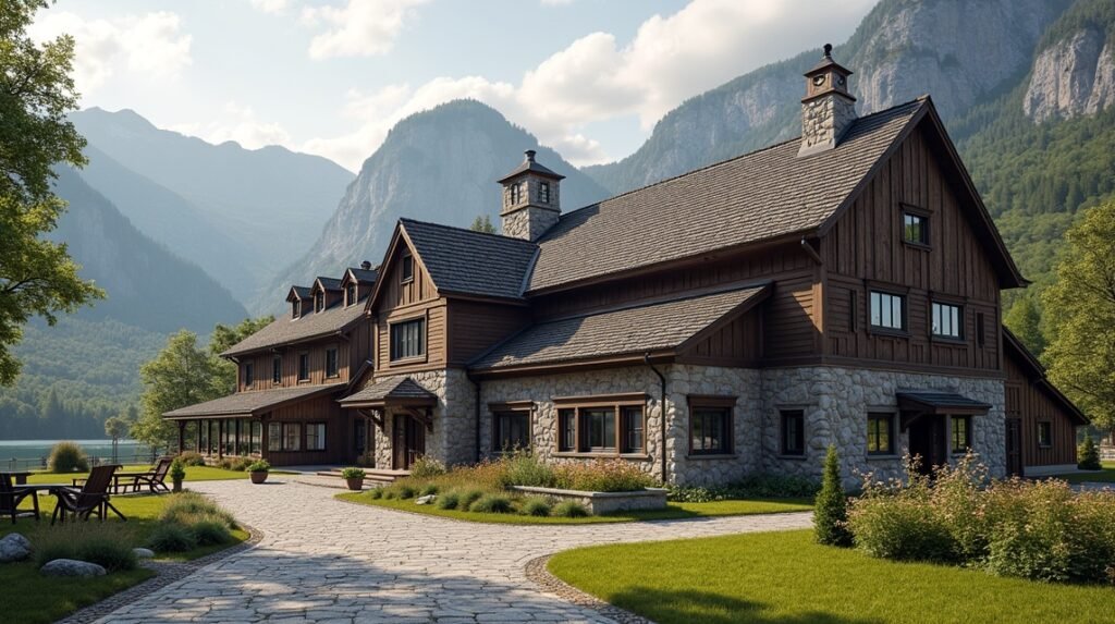 Aass Sörfőzde épülete a gyönyörű norvég tájban.