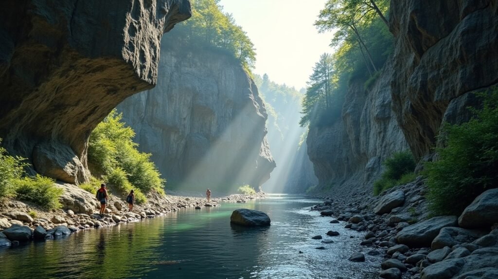 Kjøsterudjuvet szurdok Drammenben a fák és sziklák között