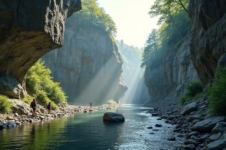 Kjøsterudjuvet szurdok Drammenben a fák és sziklák között