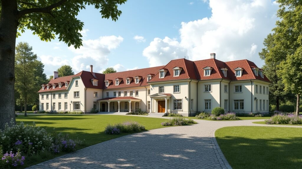 A Marienlyst birtok épülete Drammenben, zöld környezetben.