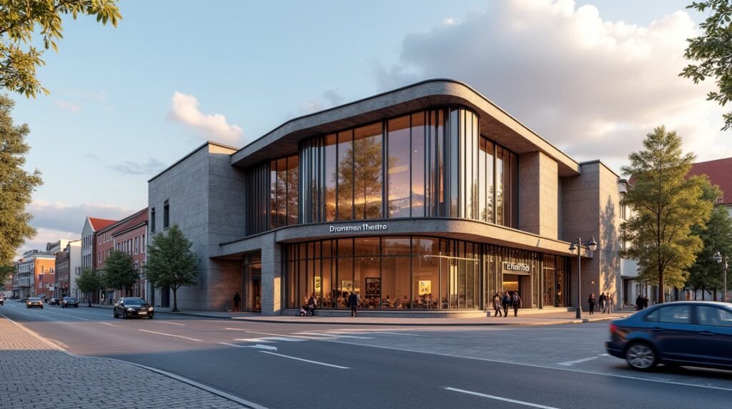 A Drammen Színház modern épülete, környezete és látogatók.