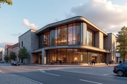 A Drammen Színház modern épülete, környezete és látogatók.