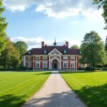 A Gulskogen Gård kúria és park, Drammen városában, gyönyörű zöld környezetben.