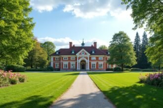 A Gulskogen Gård kúria és park, Drammen városában, gyönyörű zöld környezetben.