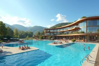 Drammensbadet fürdőkomplexum, vízparti medencével Norvégiában.