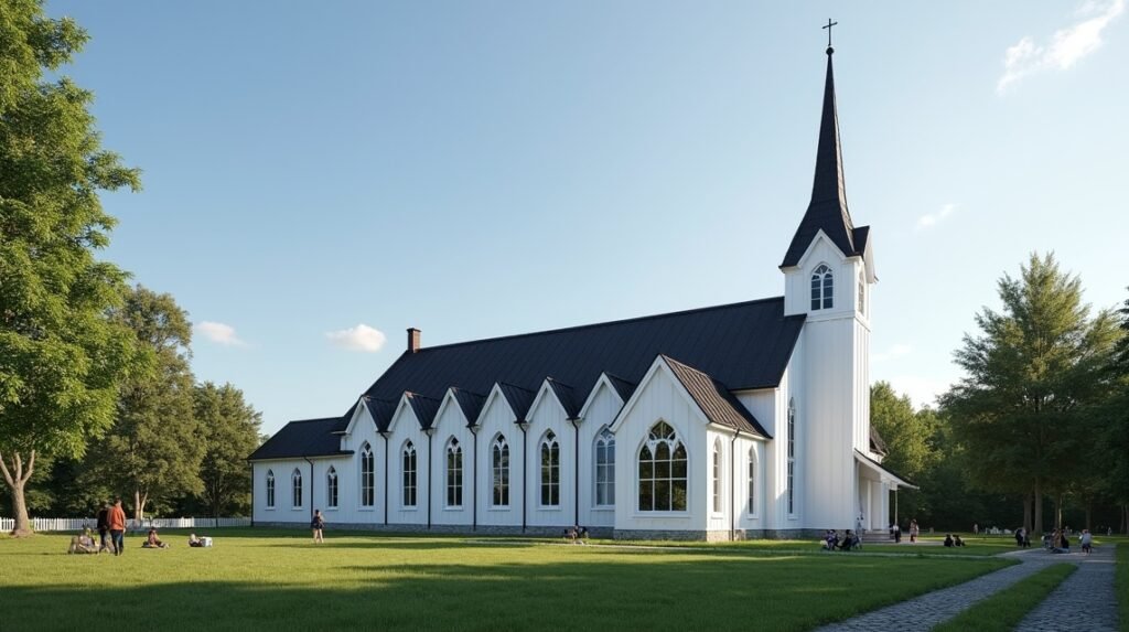A Bragernes templom Drammenben, zöld területen, látogatókkal