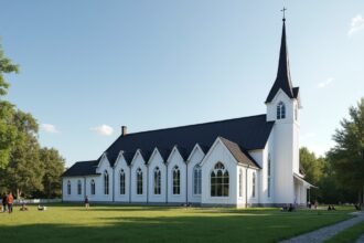 A Bragernes templom Drammenben, zöld területen, látogatókkal