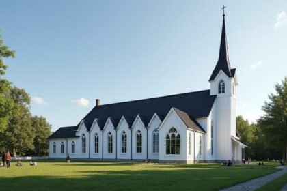 A Bragernes templom Drammenben, zöld területen, látogatókkal