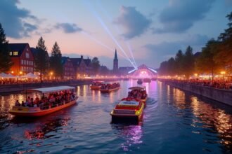 Drammen Elvefestivalen éjszakai fényekkel és hajókkal