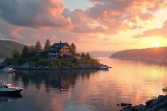 Hollmennokken sziget naplementében, Drammen Norvégiában