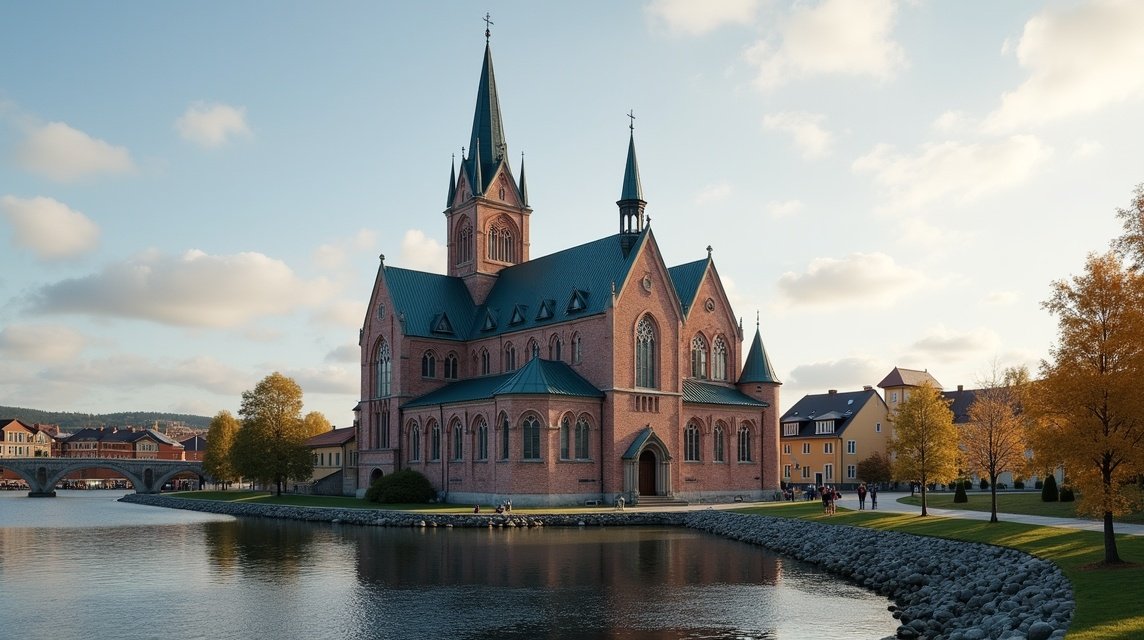 Fredrikstad székesegyház, gyönyörű homlokzatával a folyóparton.