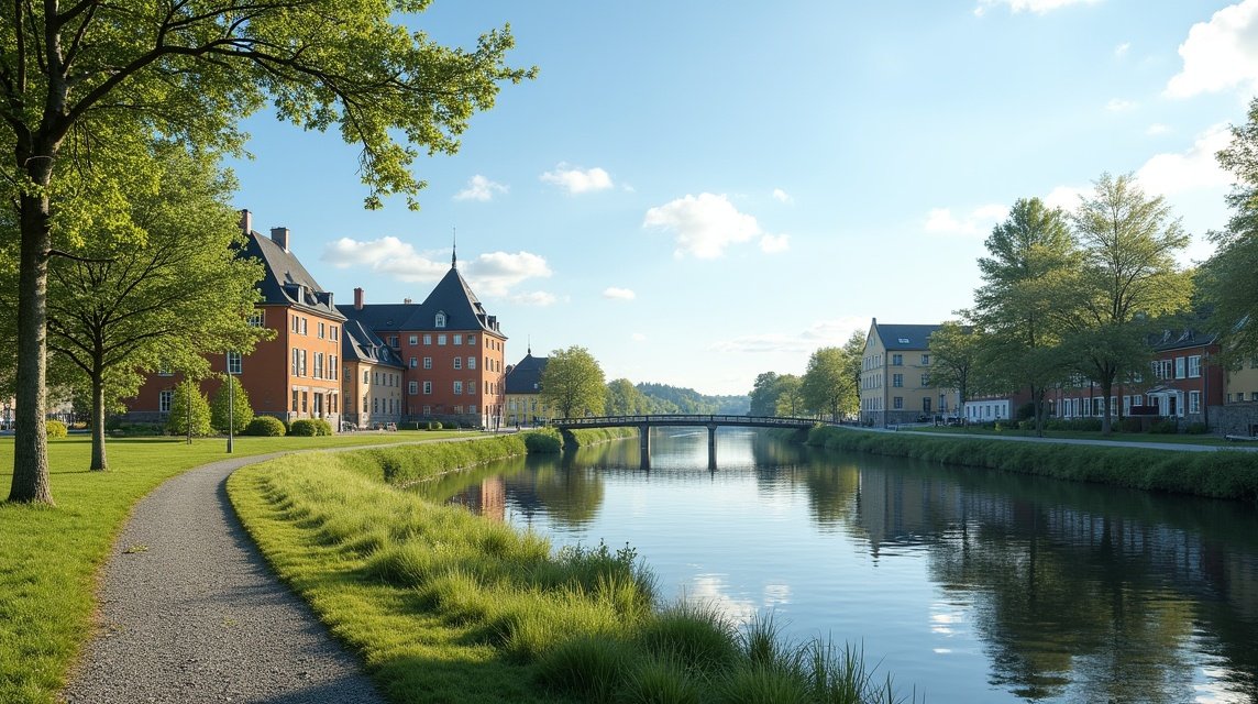Séta a Glomma folyó partján Fredrikstadban, Norvégiában.