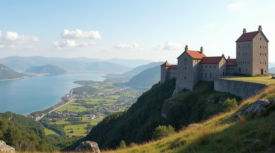 Kilátás a Fredriksten erődből Halden városára és fjordjára.