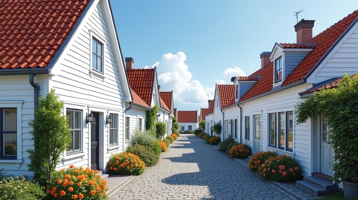 Hófehér faházak Gamle Stavanger óvárosában, macskaköves utcák között.