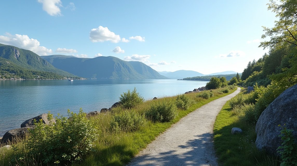 Séta a Gandsfjord partján Sandnesben Norvégiában