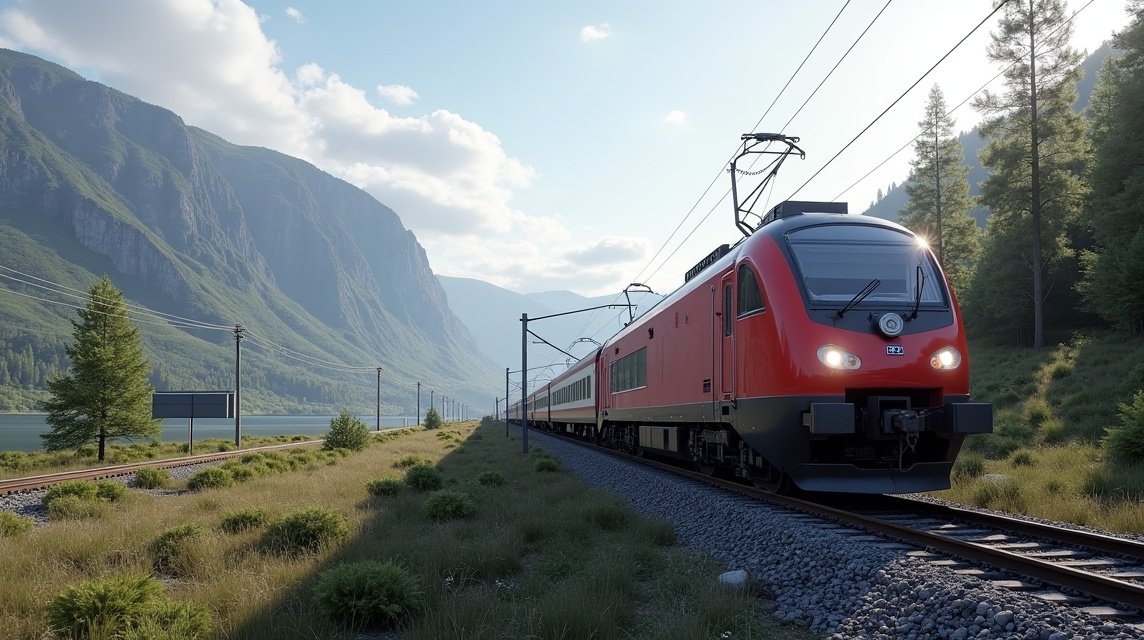 Gjøvikbanen vonat a festői Mjøsa-parton, Norvégia