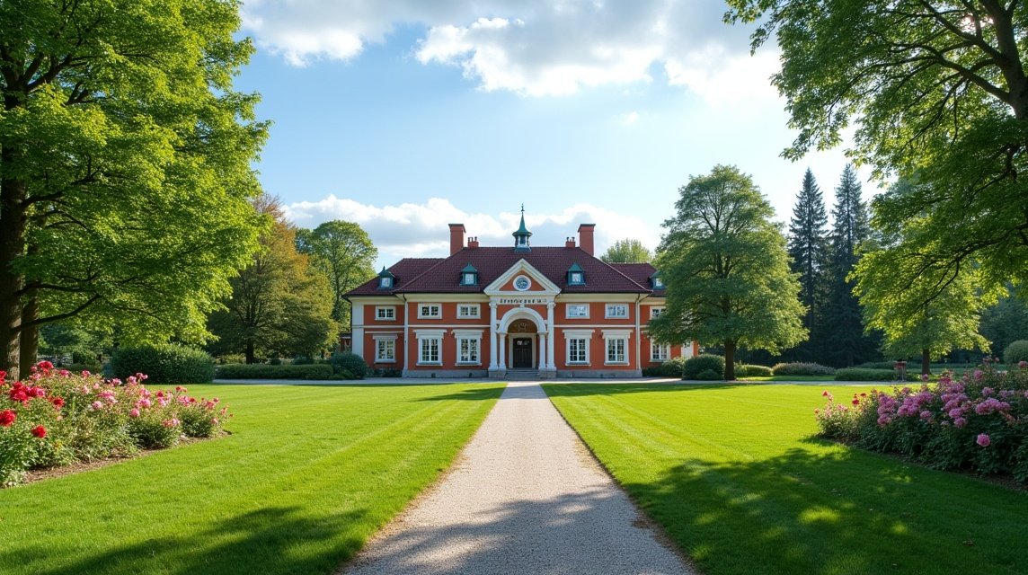 A Gulskogen Gård kúria és park, Drammen városában, gyönyörű zöld környezetben.
