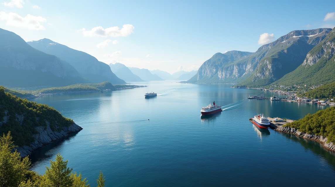 Harstad látnivalók - Hajózás a Vesterålen szigetek felé 1 Panoráma Harstad közelében, hajók a fjordban, lenyűgöző természeti táj