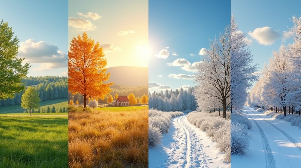 Szezonális táj Haldenben, Norvégiában: tavasz, nyár, ősz és tél