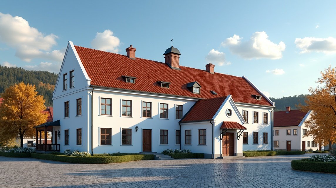 Halden Városháza impozáns homlokzata és környezete.