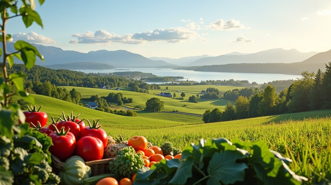 Friss zöldségek, gyümölcsök és a Mjøsa-tó régió gyönyörű tája.