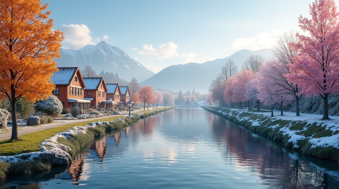 Harmónikus táj Norvégiában, színes fák és hegyek mellett.