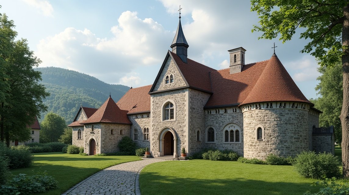 Középkori püspöki székhely épülete zöld környezetben.