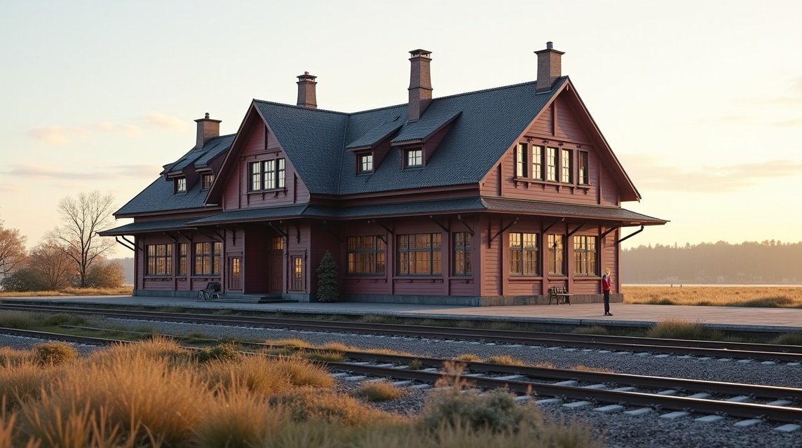 Hamar történelmi vasútállomás festői kilátással a naplementében.