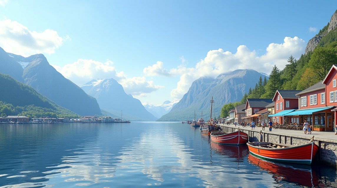 Harstad látnivalók - Séta a kikötői sétányon 1 Harstad kikötői sétány panorámája halászházakkal és hegyekkel