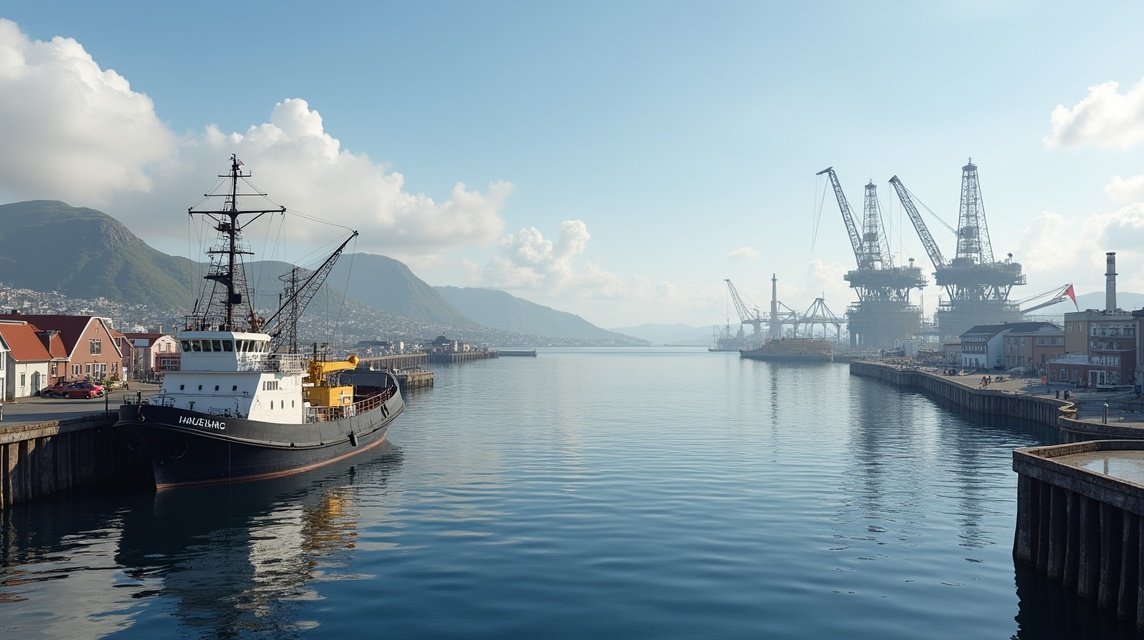 A hajó és az olajfúró tornyok a Haugesund kikötőjében, Norvégiában.