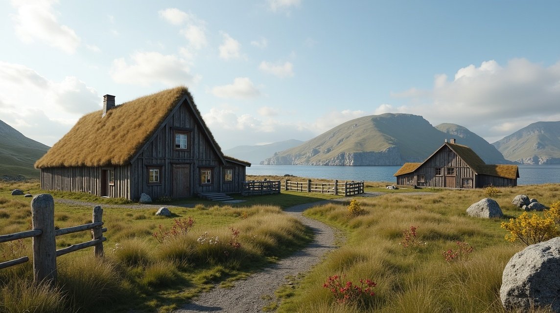 Rekonstrukciók az Avaldsnes Viking Farm környezetében Norvégiában.