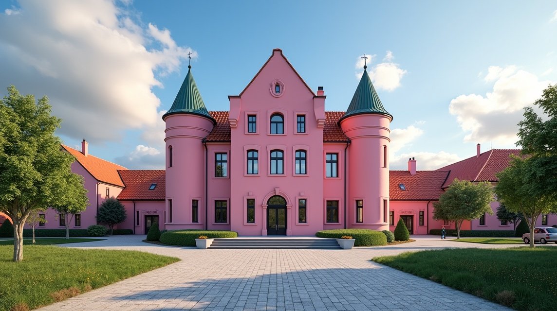 Haugesund rózsaszín Városháza tengerparti háttérrel