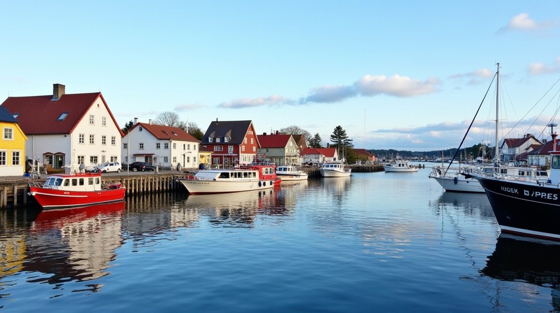 Színes házak és hajók a Haugesund Smedasundet szoros mellett