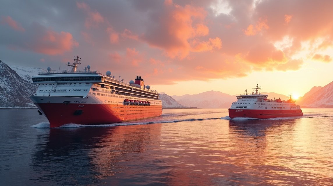 Harstad közlekedés - Hurtigruten és a gyorshajók 1 Hurtigruten és gyorshajók naplementében Harstad közelében