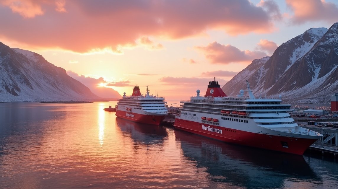 Hurtigruten hajók a Molde kikötőjében naplementében