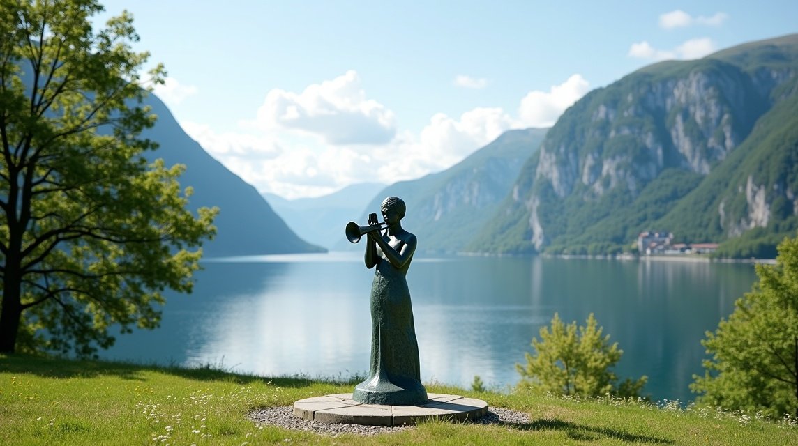 Molde Jazzfiú szobor a vízparton, Norvégia gyönyörű tájával