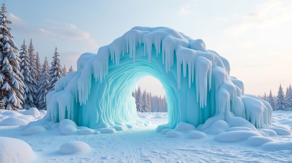 Mesés jégszobor Narvik parkjában, télen hódító jég formákban.