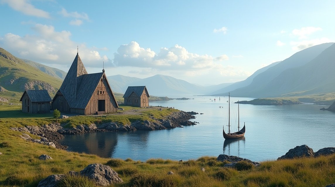 Kaupang viking város és távoli hegyek Norvégiában