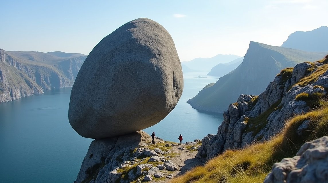 Kjeragbolten, a hatalmas szikla a Lysefjord felett Norvégiában.