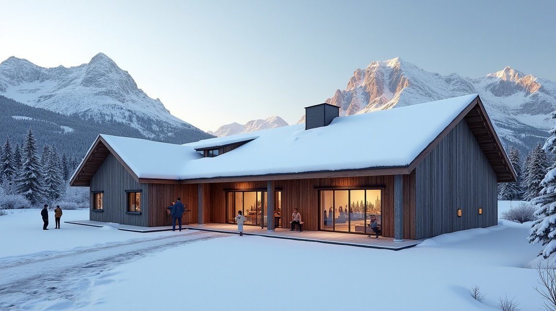 Kongsberg sí múzeum modern épülete a havas tájban.