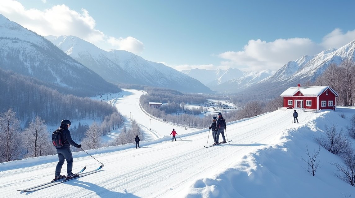 Kongsberg sport - Síugró hagyományok 1 Síelők a Kongsberg-i sípályán Norvégiában, gyönyörű hegyek között.