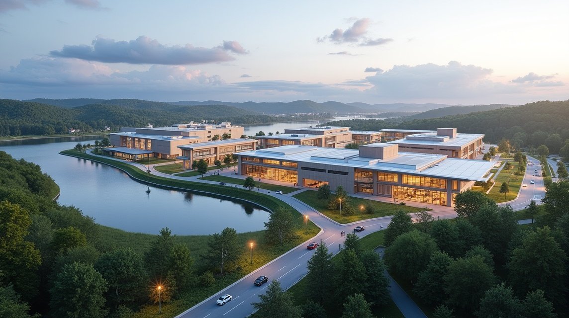 Kongsberg Technológiai Park - modern épületek a vízparton